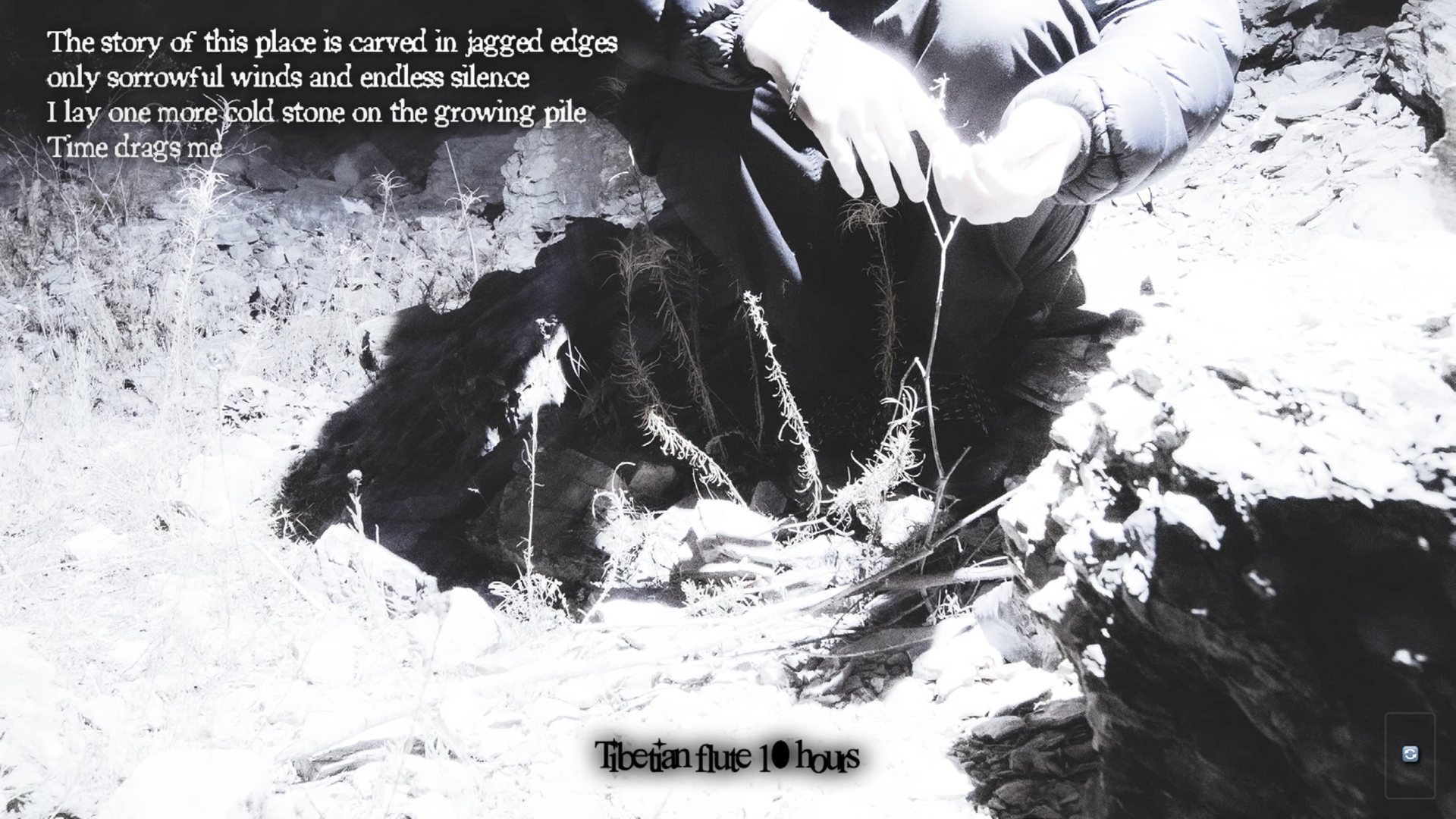 Black-and-white game screenshot with text over a landscape.
