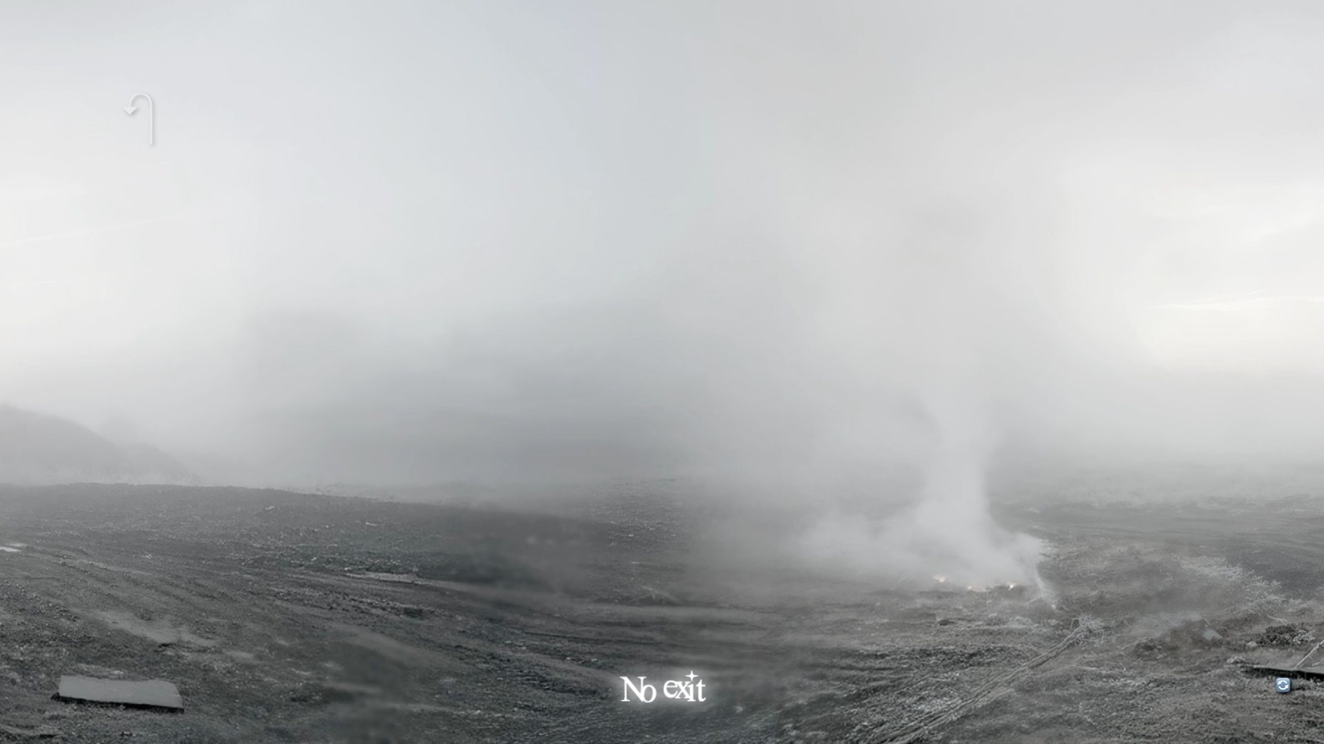 Black-and-white game screenshot showing a distant plume or storm.