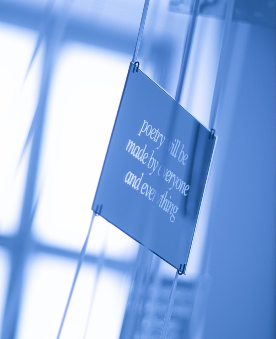Hanging text object from the installation.