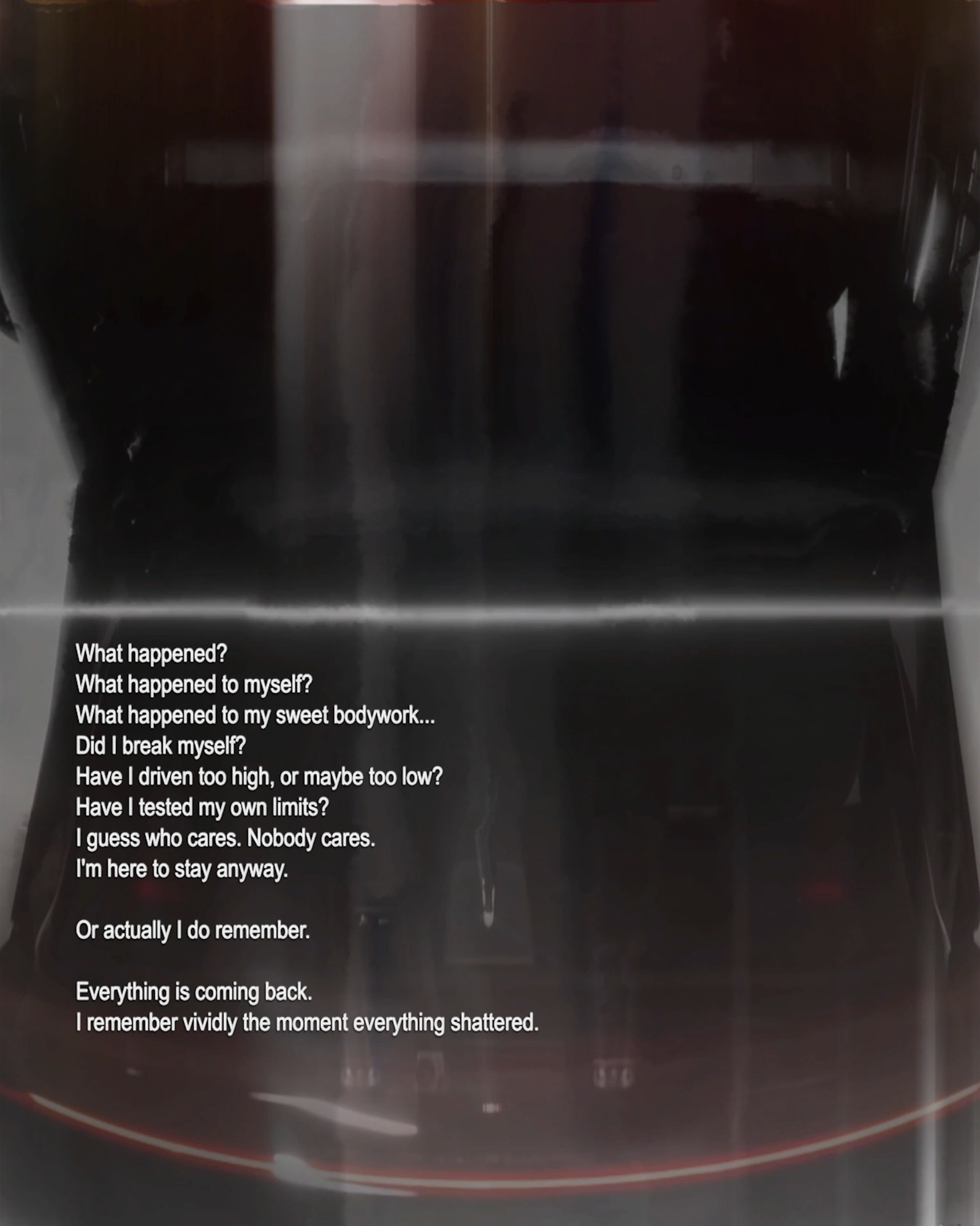 Projection still with car monologue text over car image.