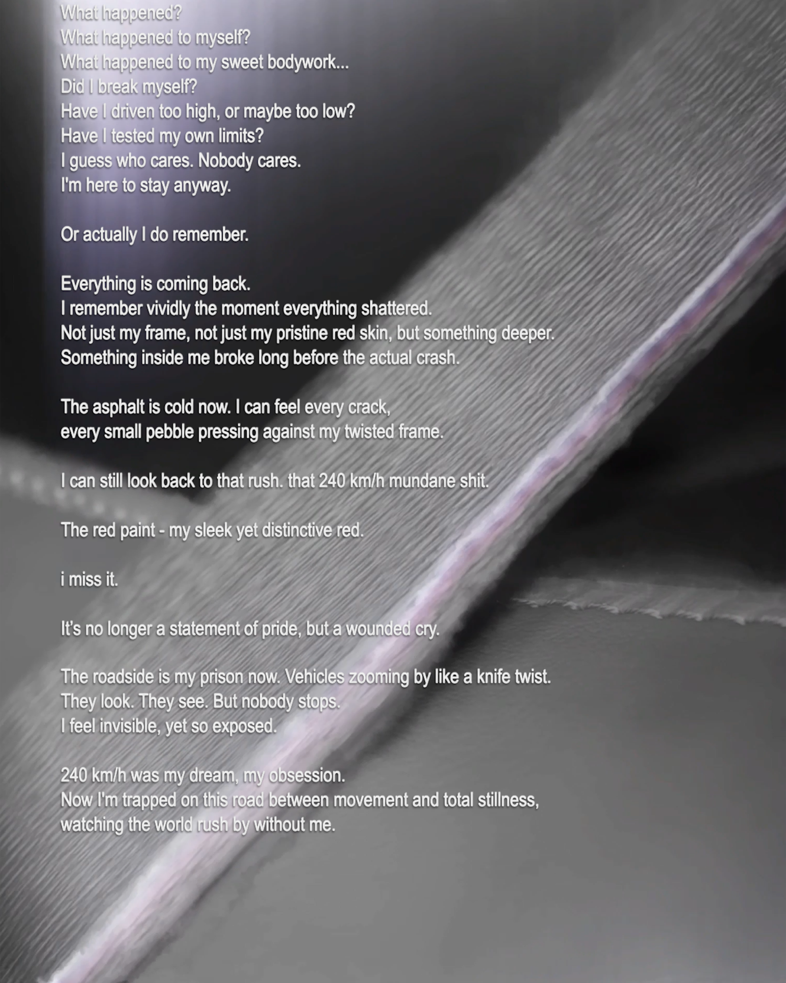 Projection still with roadside monologue text.