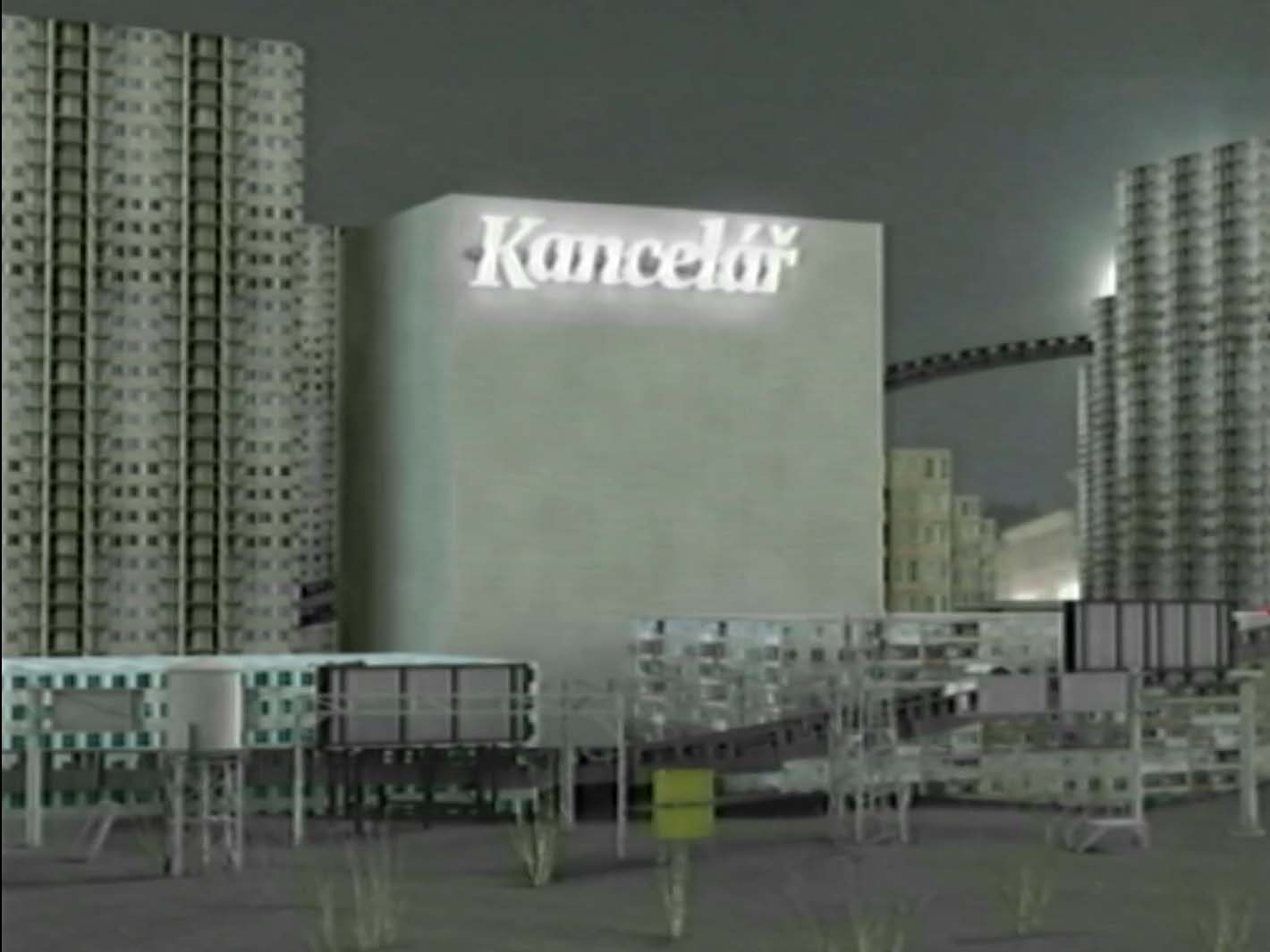 Kdo jsem film still with Kancelar building.